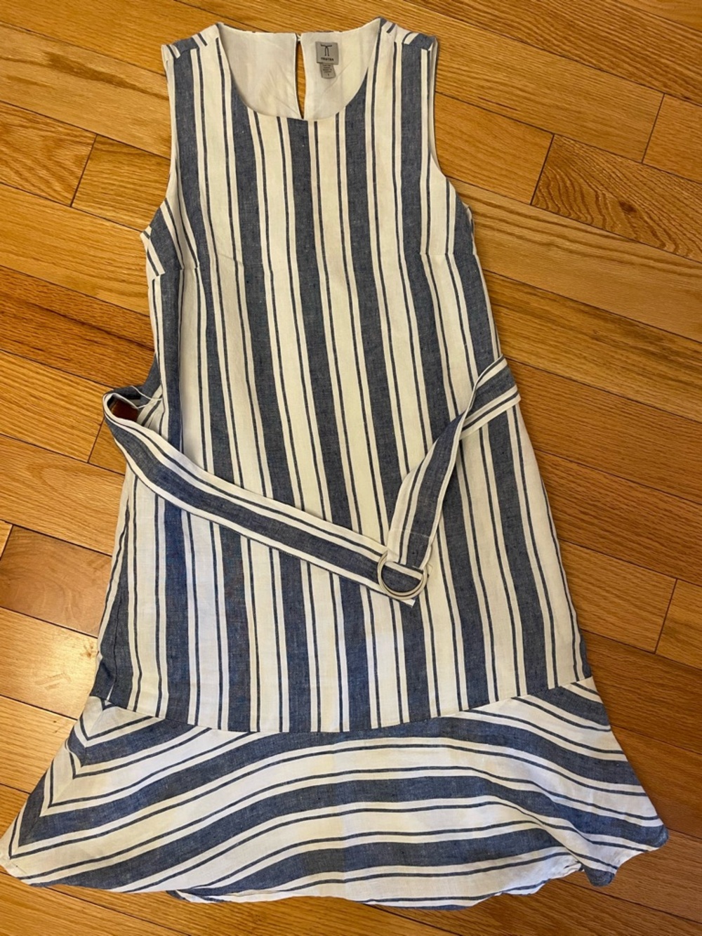 Tristan Navy and White Striped Sleeveless Belted Mini Dress